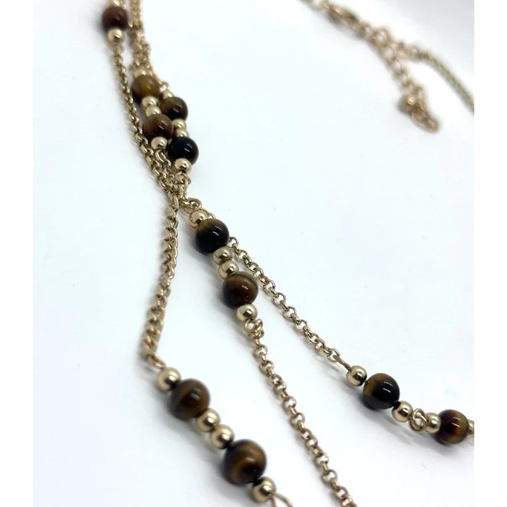 Vintage Goldtone Triple Chain Tiger's Eye Beaded 24